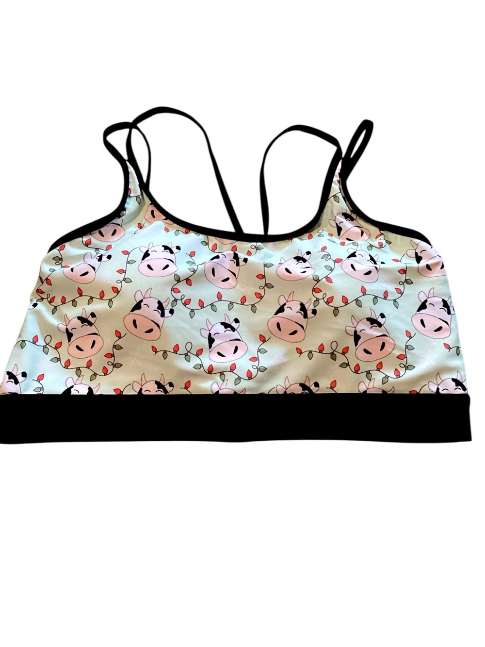 Pistol Lilly Ranch Christmas Cow Print Mint Green Strappy Sports Bra XL